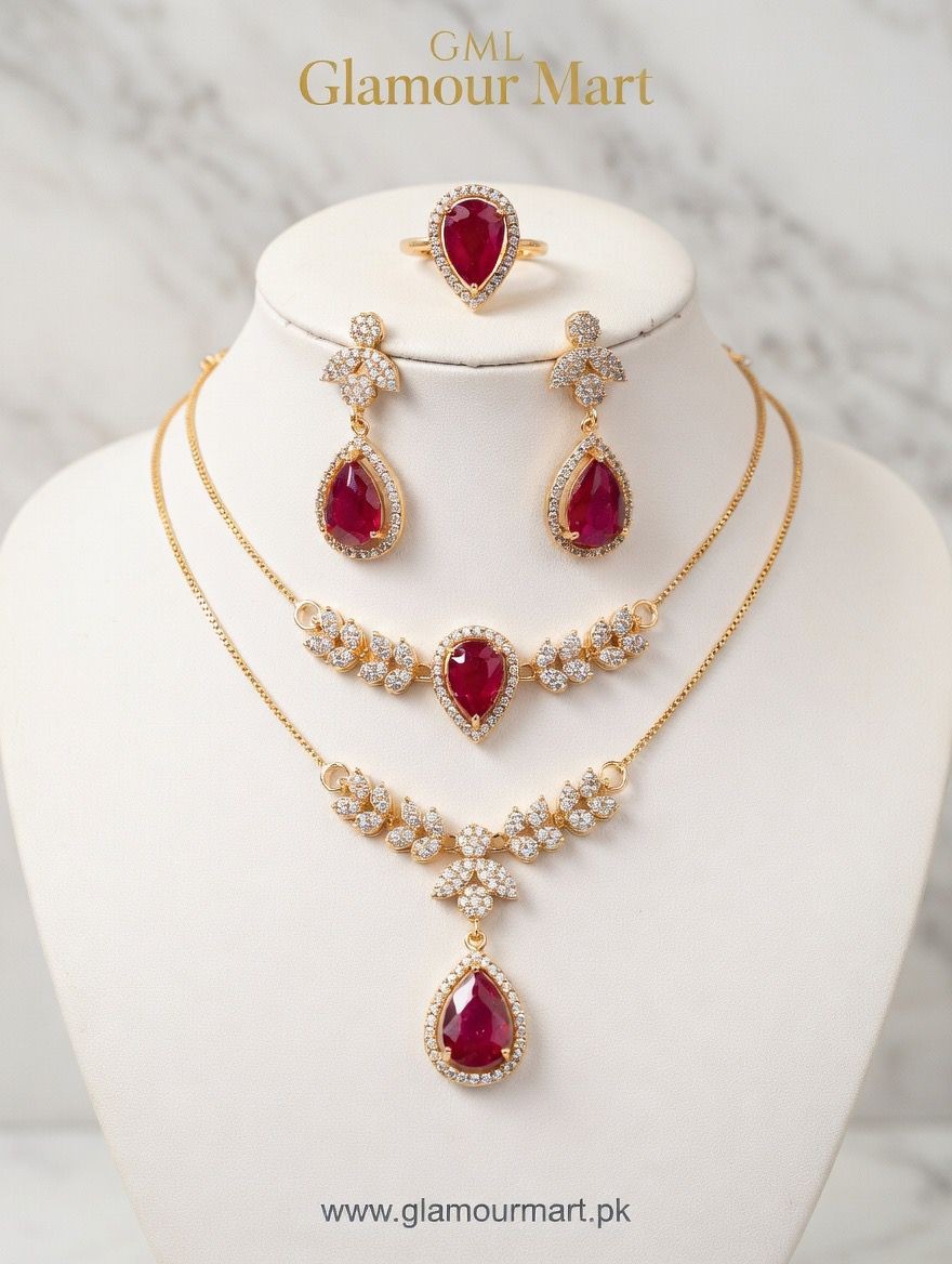 Red Stone and Gold Tone Jewelry Set