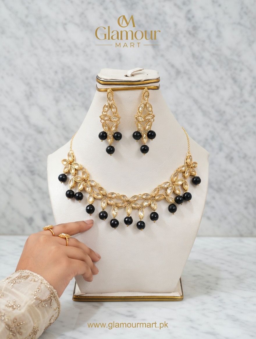 Gold-Tone Necklace and Earring Set with Black Beads