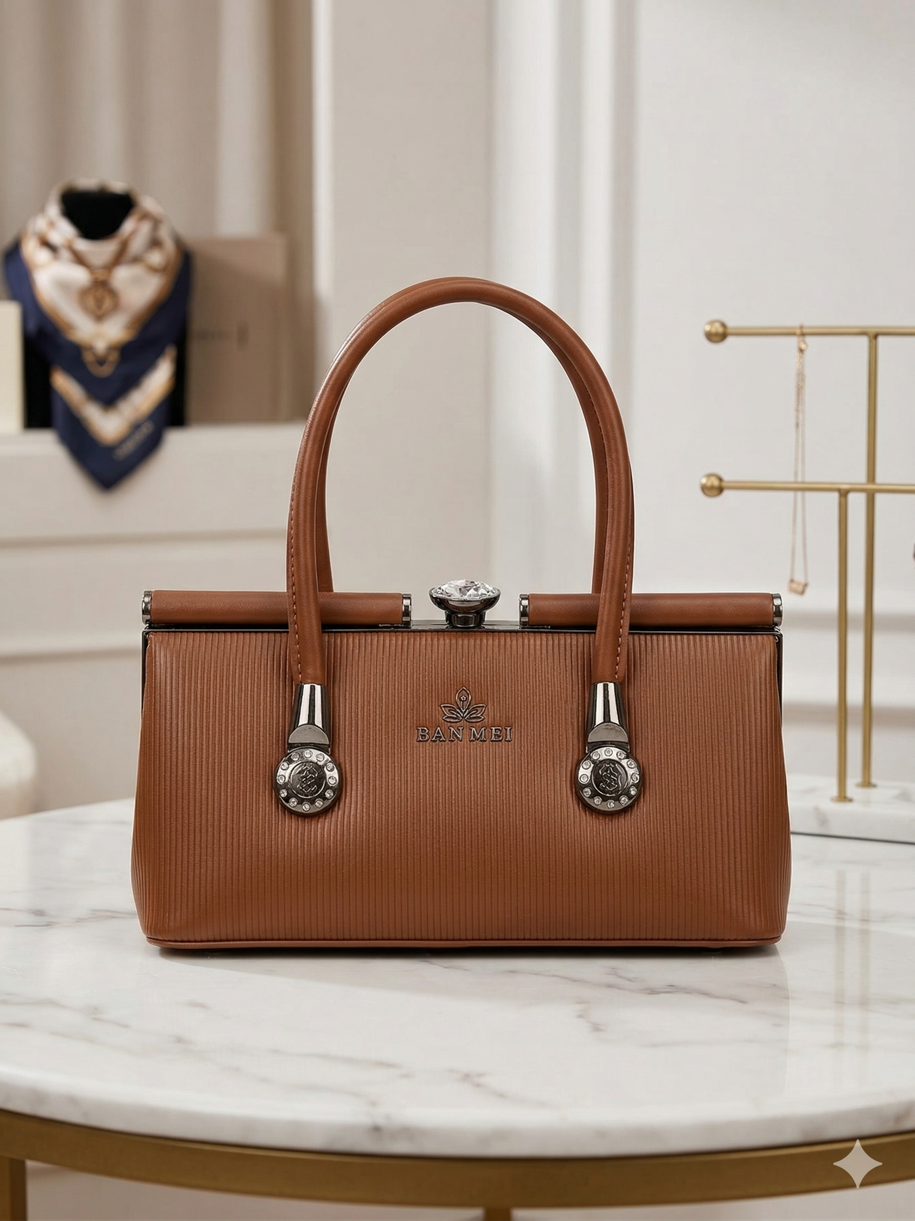 Elegant Brown Top-Handle Bag with Crystal Clasp