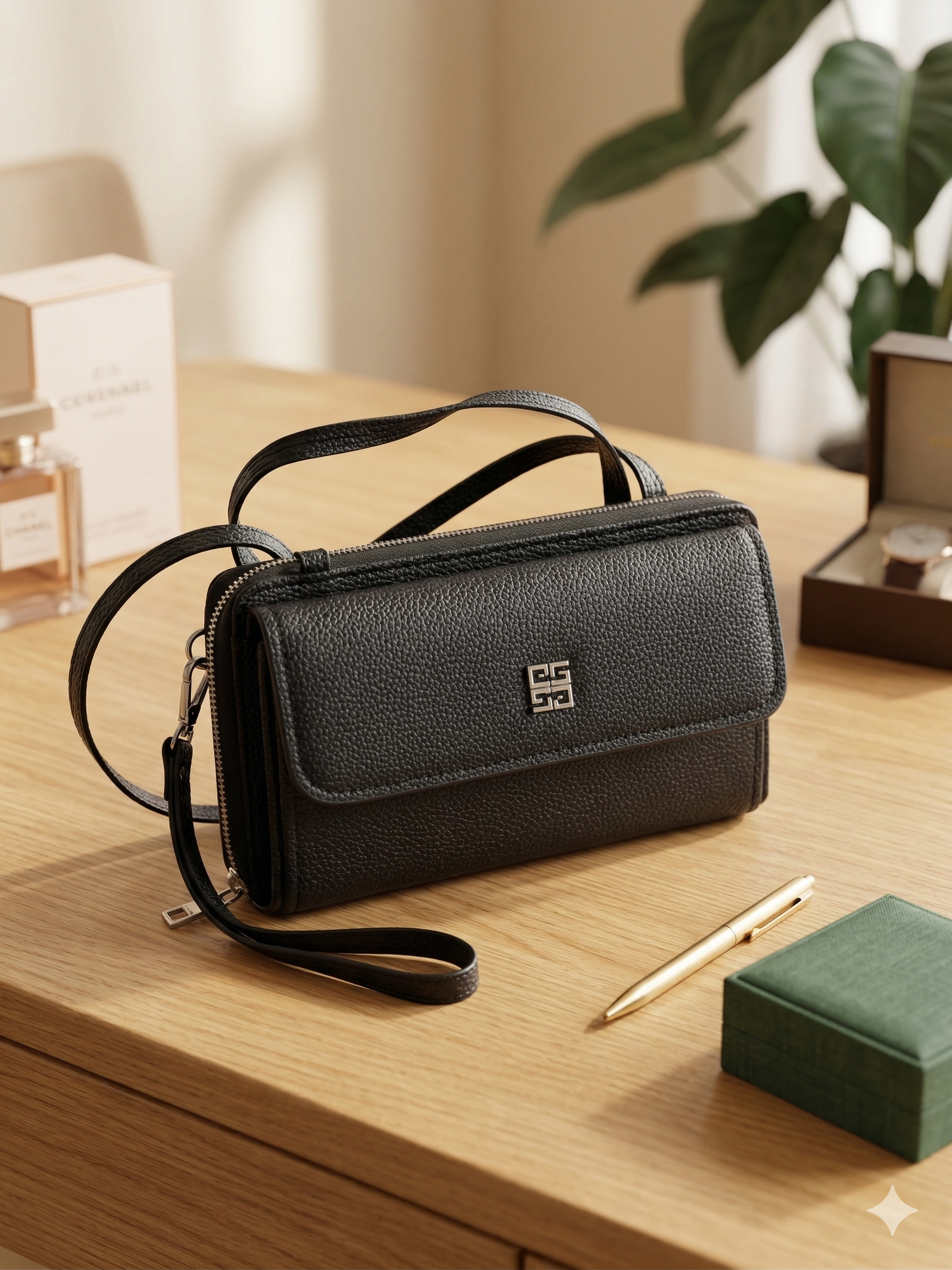 Elegant Black Crossbody Bag with Wrist Strap