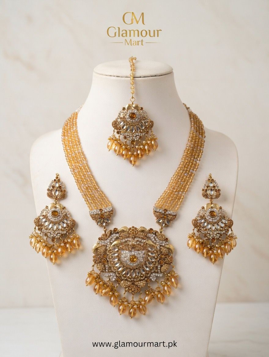 Golden Drop Necklace Set with Earrings and Tikka