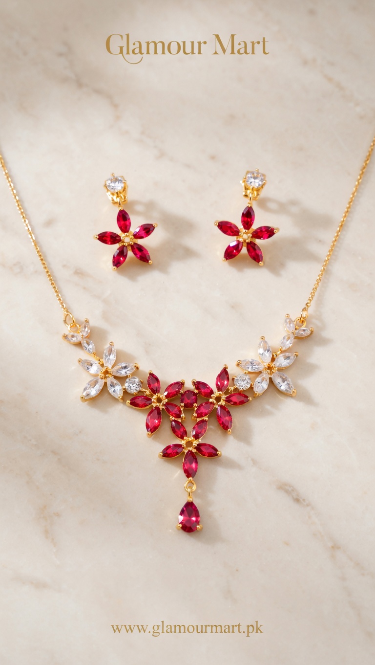 Ruby and Crystal Flower Necklace Set