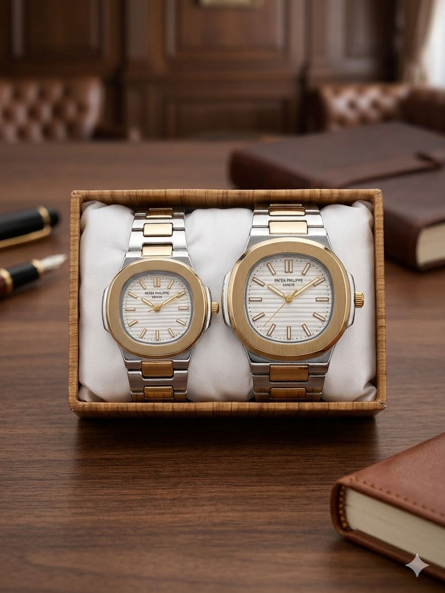 Premium Two-Tone Couple Watch Set – Classic Gold & Silver Edition