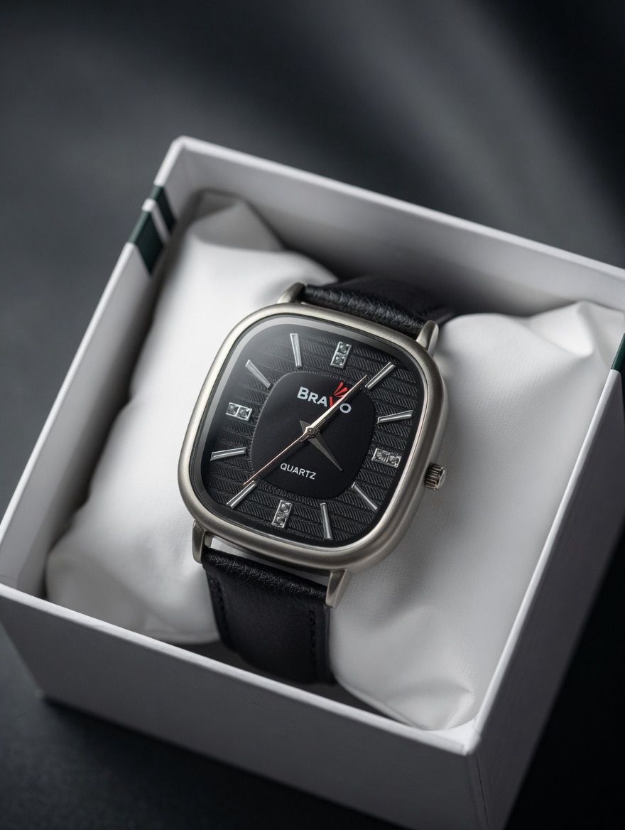 Premium Black Dial Square Watch – Elegant Leather Edition