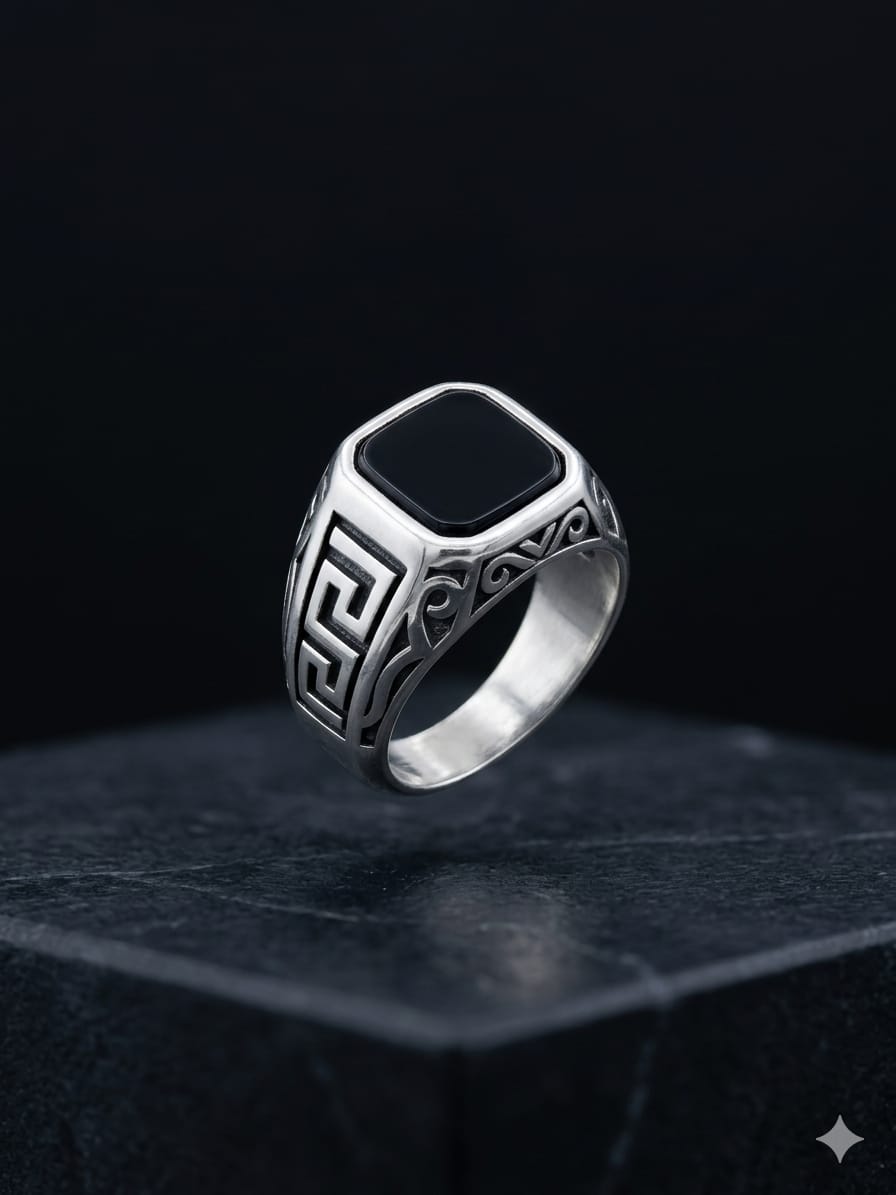 Black Stone Square Silver Ring – Modern Greek Pattern Edition