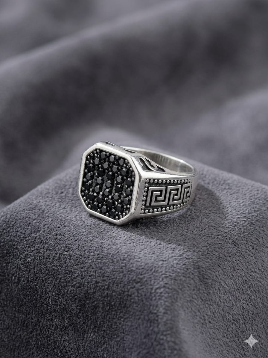Black Crystal Silver Ring – Hexagon Premium Edition
