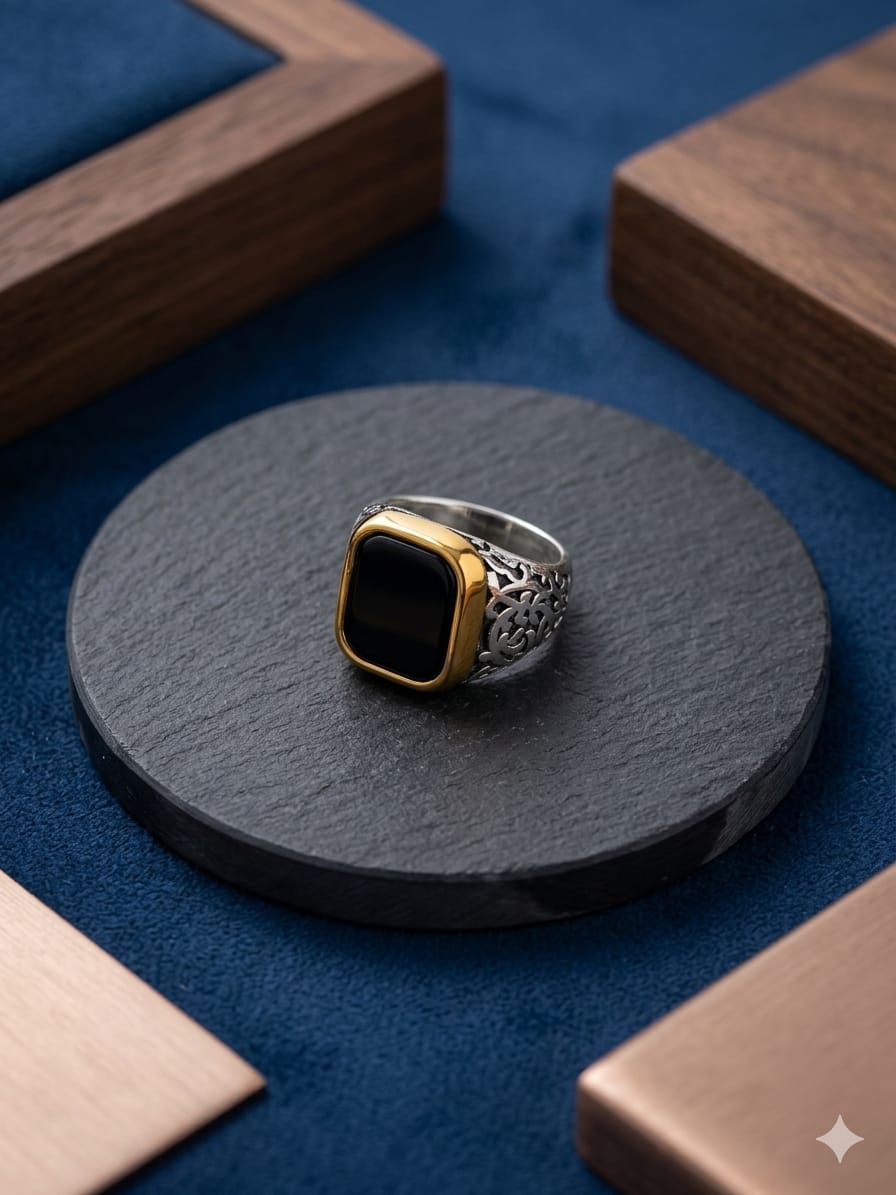Gold Frame Black Stone Ring – Premium Designer Edition