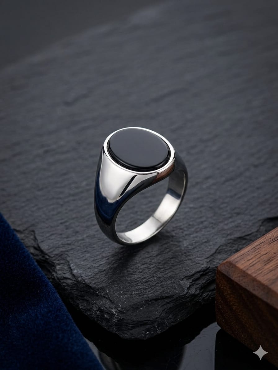 Sleek Black Stone Silver Ring – Modern Minimal Edition