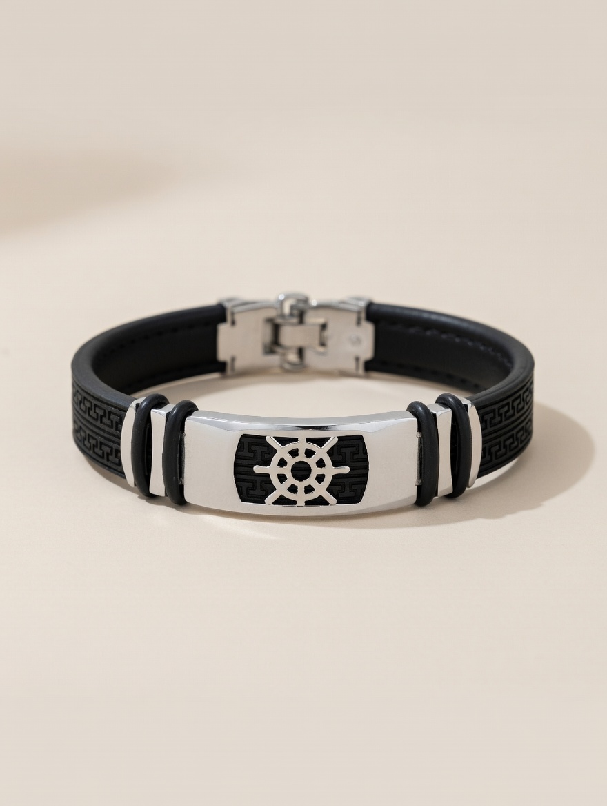 Black Leather Bracelet with Silver Wheel Design