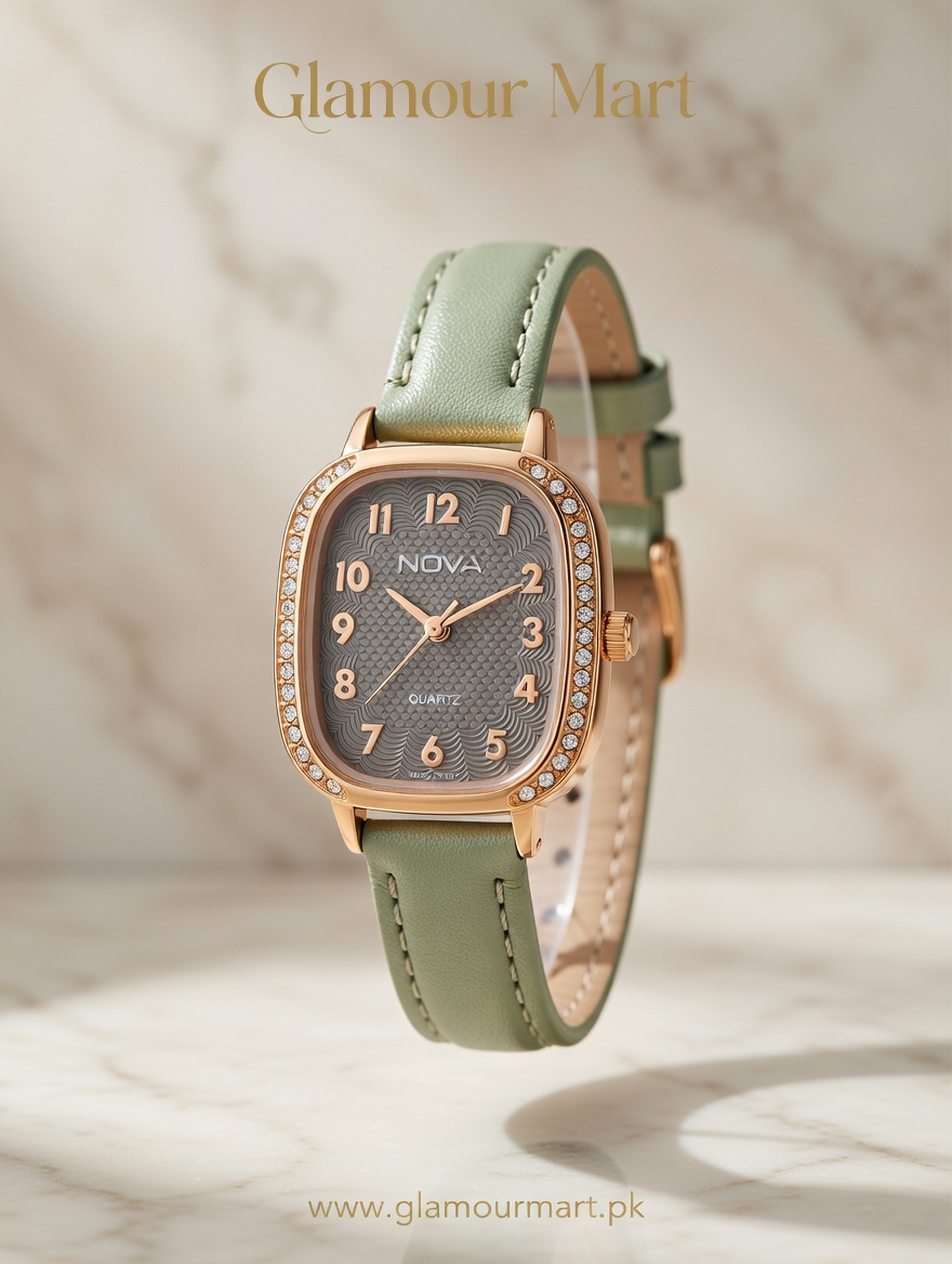 Nova Elegant Crystal Dial Watch – Olive Green