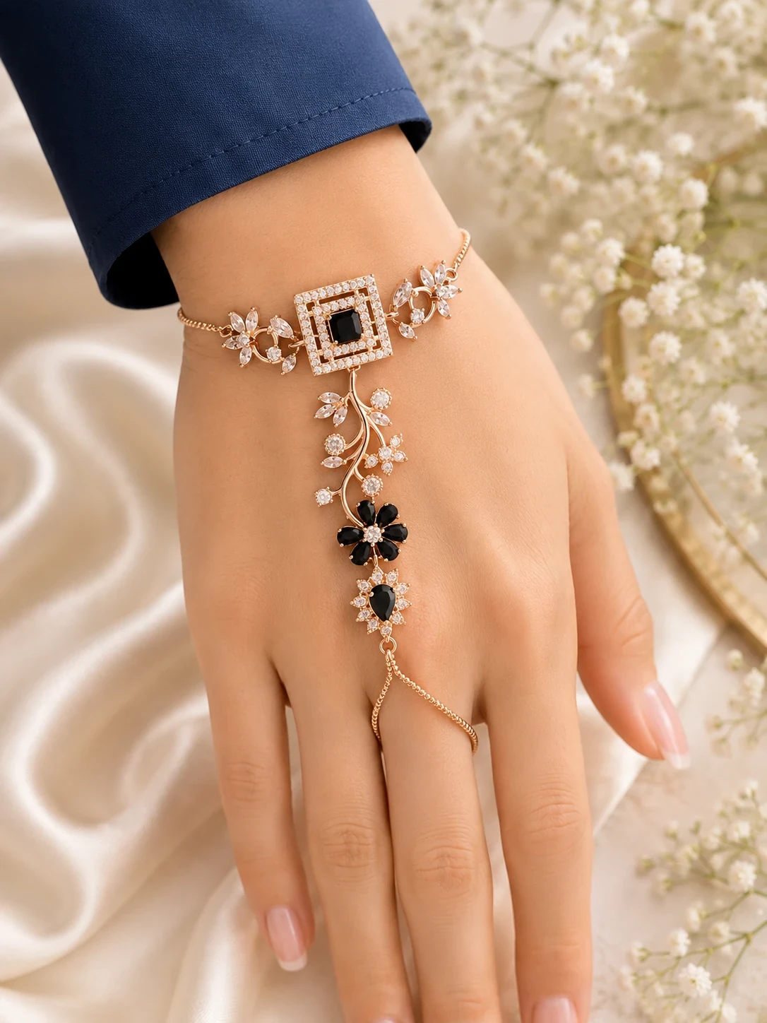 Floral Crystal Hath Phool Hand Chain Bracelet