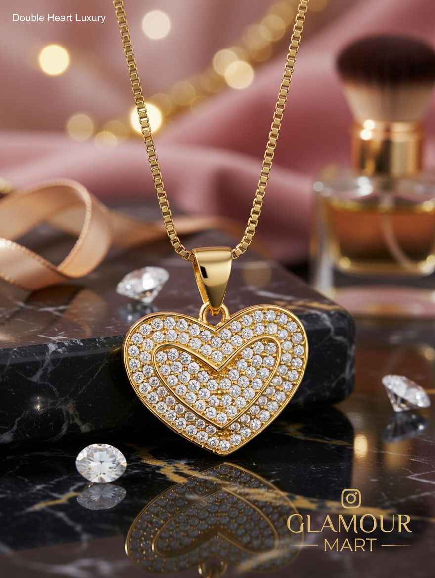 Double Heart Crystal Gold Pendant Necklace