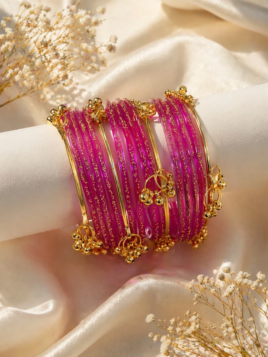 Kashmiri Bridal Bangles Set with Golden Charms Large Size - Pink / 2.8